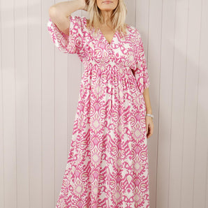 Aztec Print Shirred Waist Dress - Fuchsia