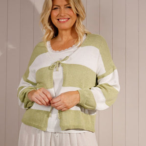 Cotton Striped Tie Cardigan Pistachio
