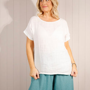 Cotton/Linen Mix Plain Top - White