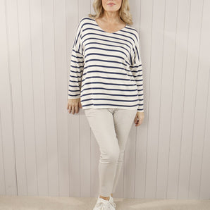 Woollen Striped V-Neck Long Sleeved - Navy