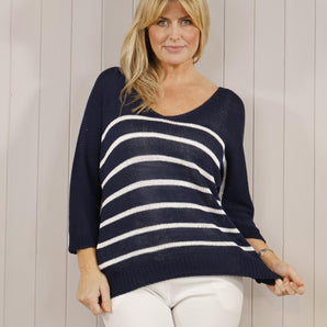Striped Light Knit Top - Navy