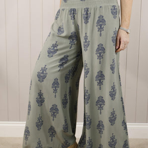 Shirred Waist Paisley Mono Palazzo's - Khaki