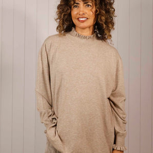 Frill Neck/Cuff Knitted Top - Mocha