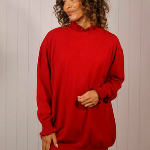 Frill Neck/Cuff Knitted Top - Red