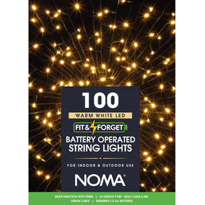 Noma - 100 Fit & Forget Warm White LED String Lights - Battery Operated