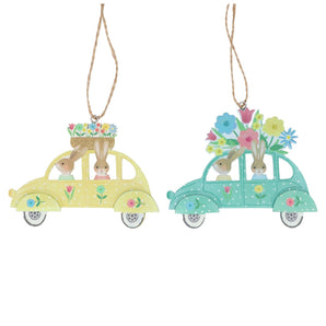 Wood Hanging Dec 8cm - Bunny in Flower Car
