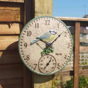 12in Blue Tit Wall Clock & Thermometer
