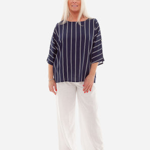 Dreams - Linen Pinstripe Dolman Top - Navy