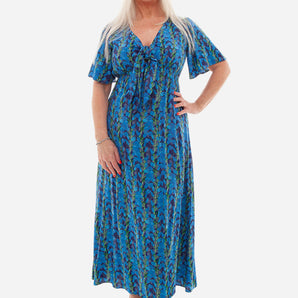 Dreams - Watercolour Lupin Short Sleeve Bust Tie Dress - Navy