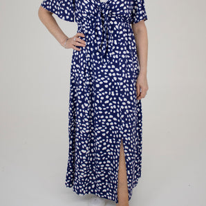 Dreams - Splodgy Spot Tie Front Maxi Dress - Navy