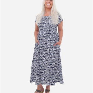 Dreams - Tonal Wave Short Sleeve Shirring Dress - Navy Blue