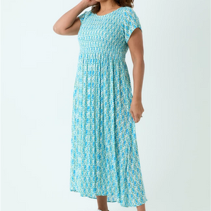 Dreams - Mottled Mini Floral Short Sleeve Shirring Dress - Turquoise