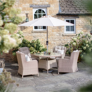 Bramblecrest - Chedworth 120cm Table & 4 High Back Armchairs & Parasol - Sandstone
